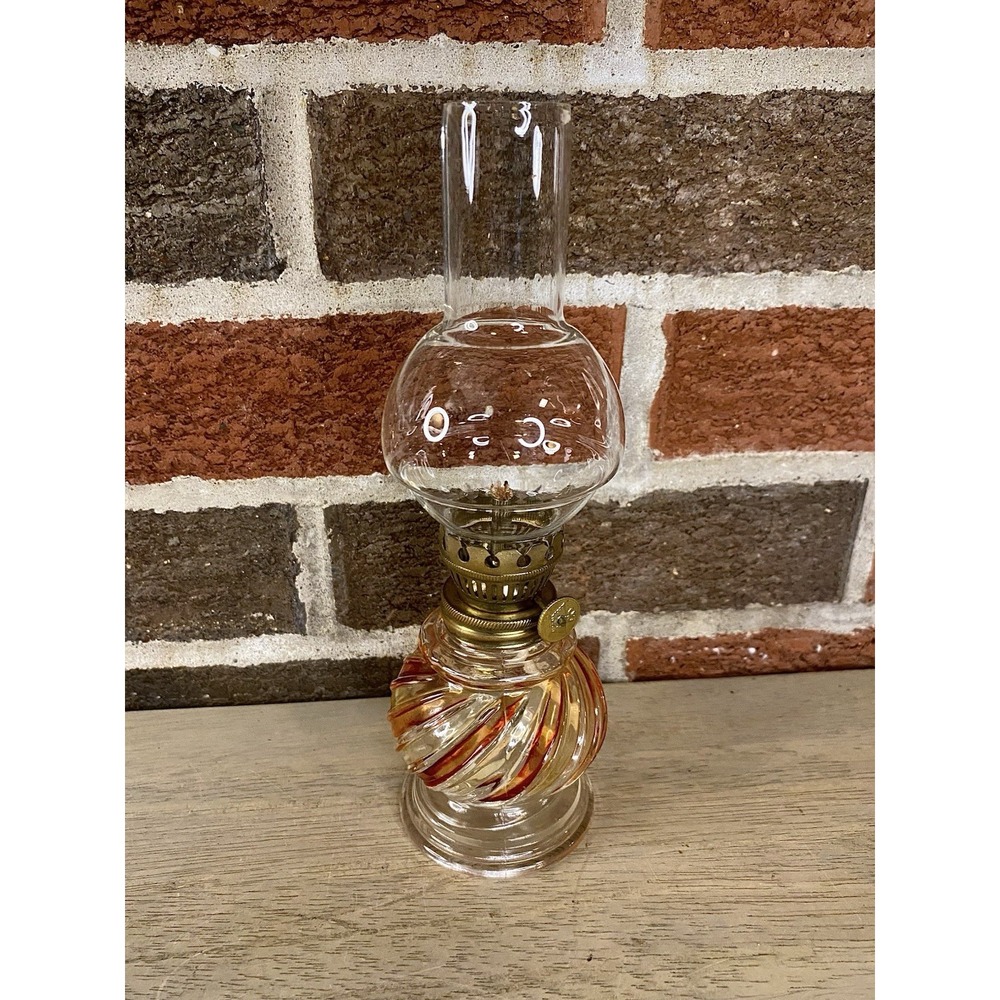 Vintage NORCREST JAPAN Miniature  8" Clear/red/yellow Glass Hurricane Oil Lamp